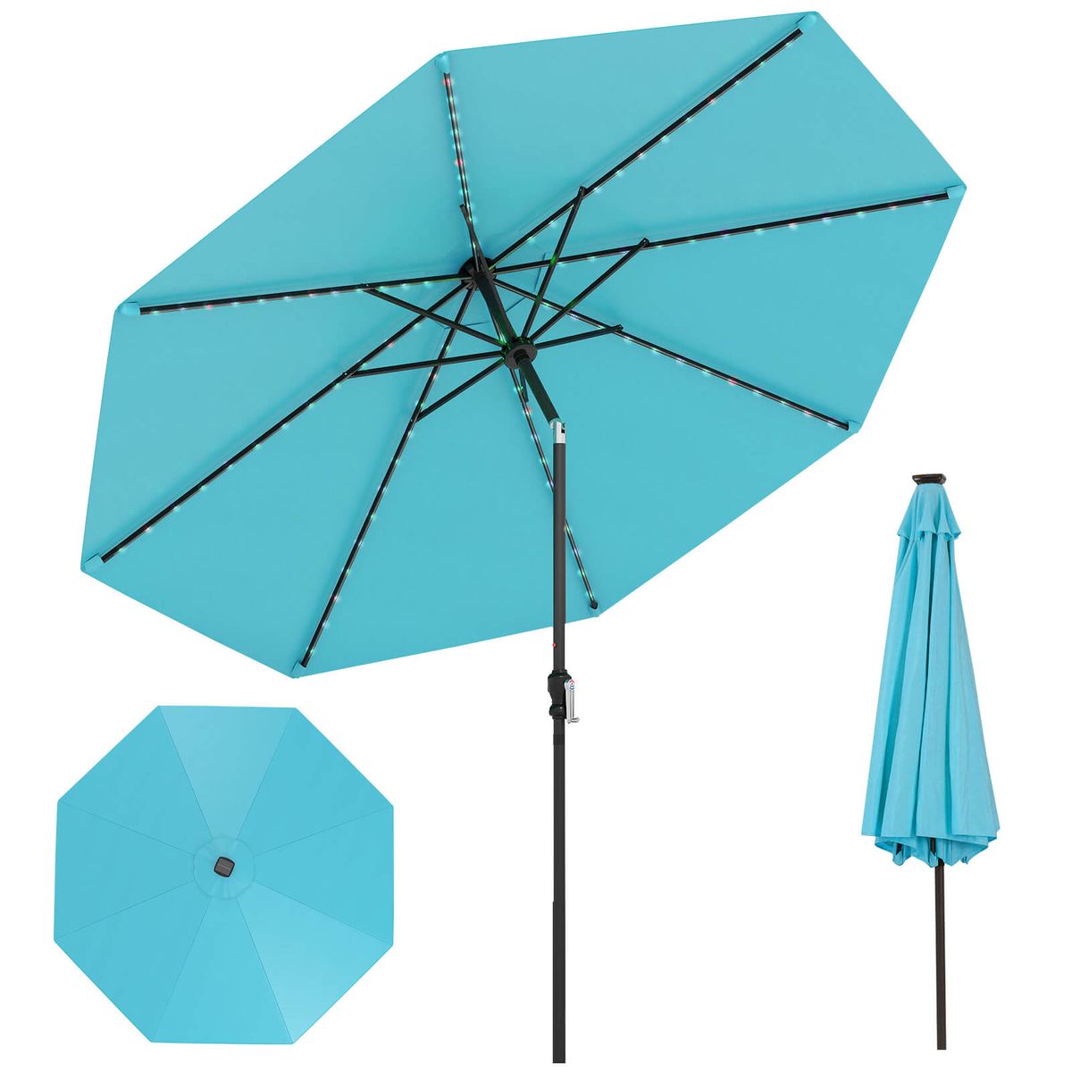 10FT Solar Patio Umbrella with 96 LED Lights and 35&deg; Tilt - Turquoise