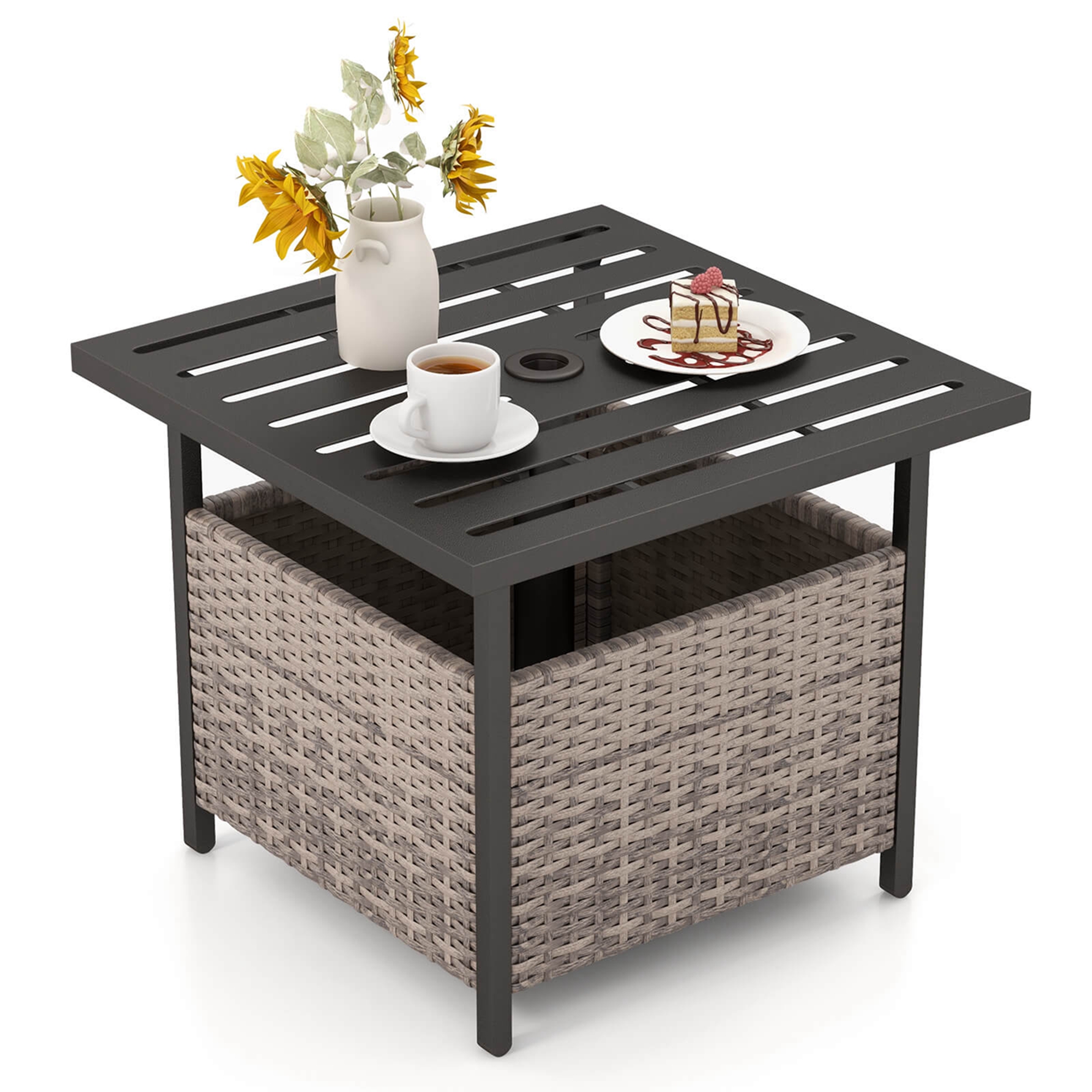 Outdoor Patio PE Rattan Wicker Steel Side Deck Table with Umbrella Hole - Gray