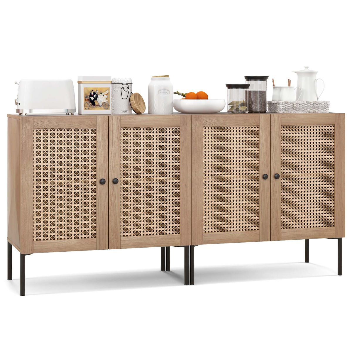 Rattan Buffet Sideboard Cabinet with Adjustable Shelf - Oak-2-Piece