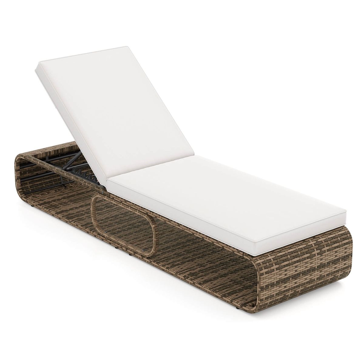 Outdoor Chaise Lounge Chair with Adjustable Backrest Cushion and Storage - White