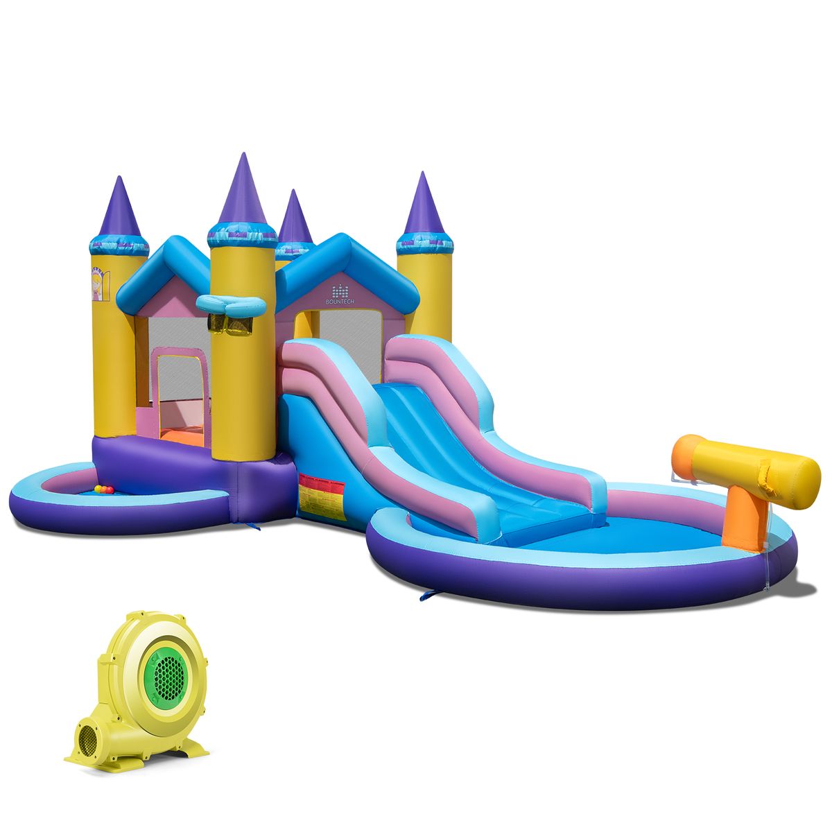 Inflatable Castle Water Slide with Handrails and Basketball Rim - 735W- Blower