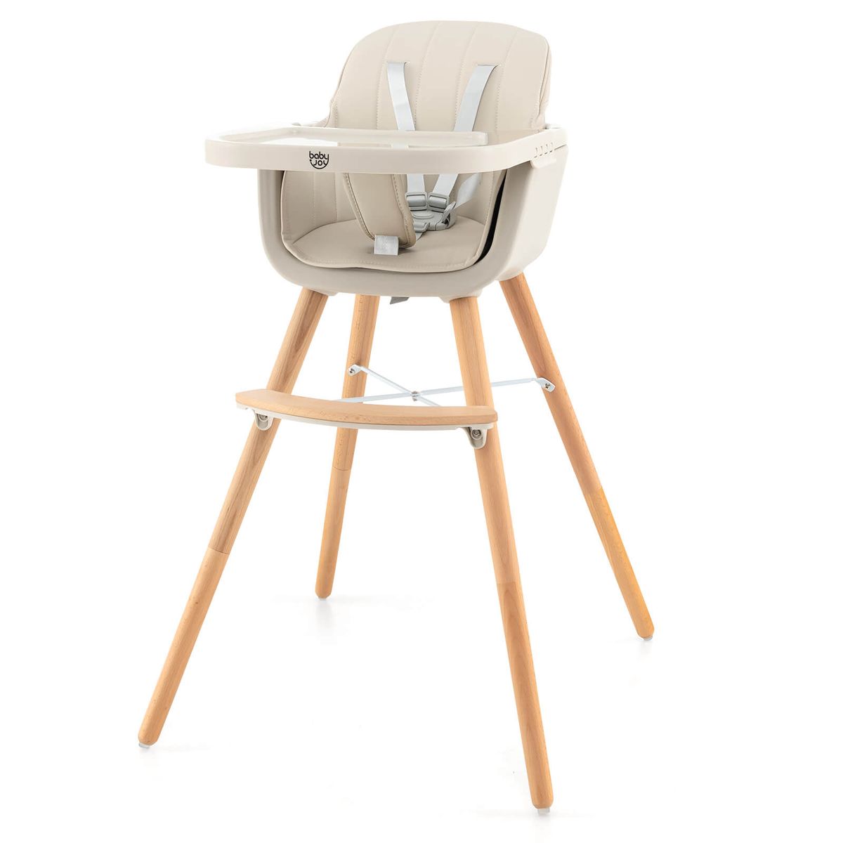 3 in 1 Convertible Wooden High Chair with PU Cushion - High Chair Beige