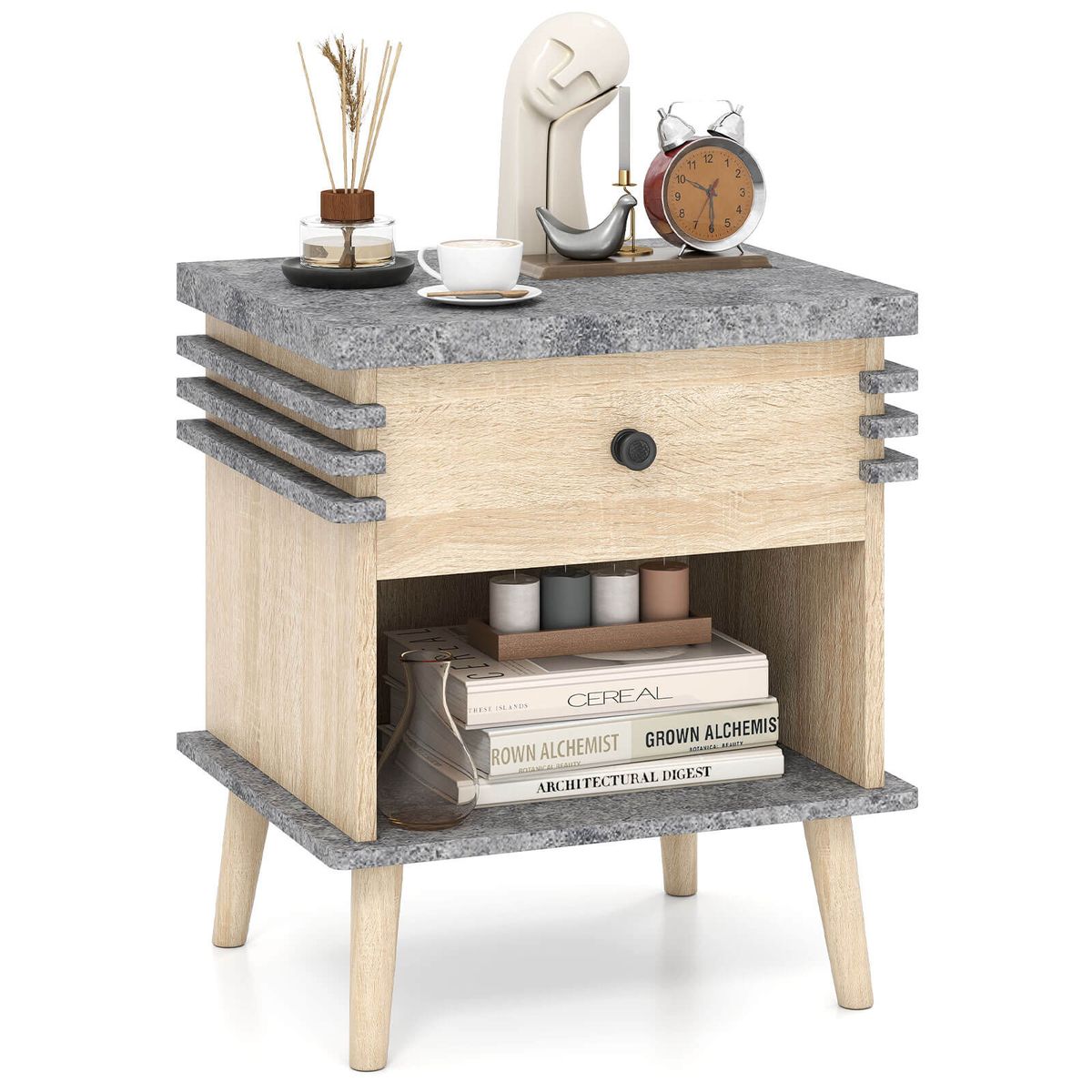 3-Tier Bedside Table with Antique Grey Faux Marble Top - 1-Piece