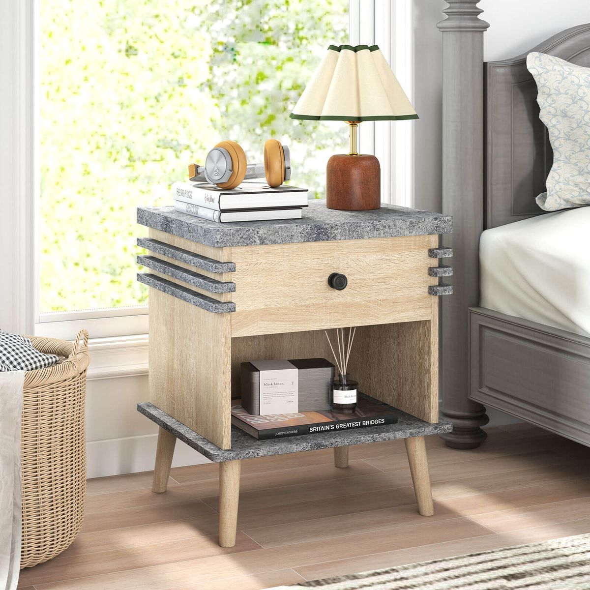 3-Tier Bedside Table with Antique Grey Faux Marble Top - 2-Piece