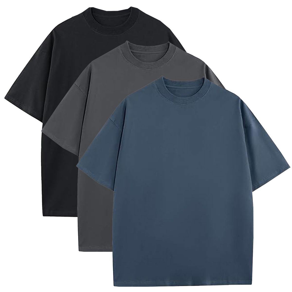 Men’s Heavyweight Oversized Drop Shoulder Fashion Tees (1- or 3-Pack) - MLFT-110BK-DGY-BL/M