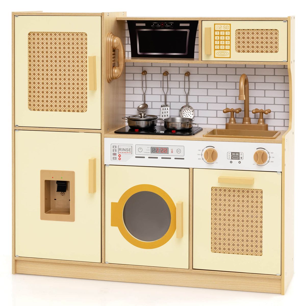 Costway - Wooden Kids Kitchen Playset Pretend Play Kitchen with Real Sounds Lights - Yellow