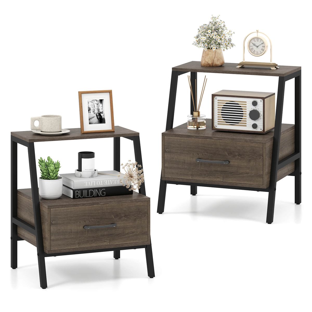 3-Tier Bedside Tables with Drawer - 2-Piece