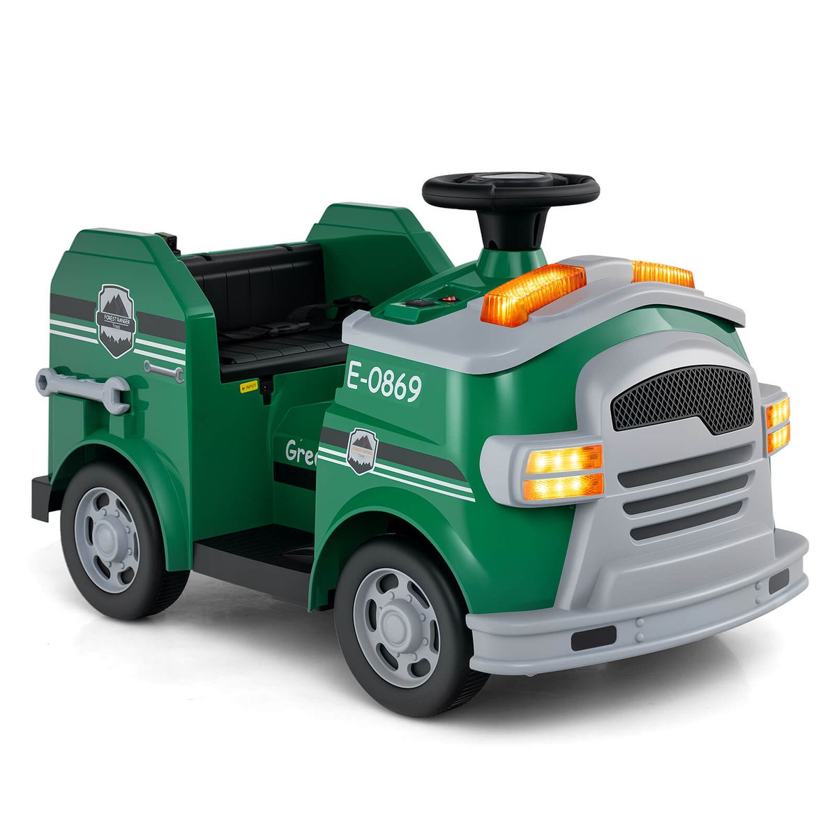 Costway 12V Kids Ride on Fire Truck Toddler Fire Toy Car with Shovel & Wrench - Green