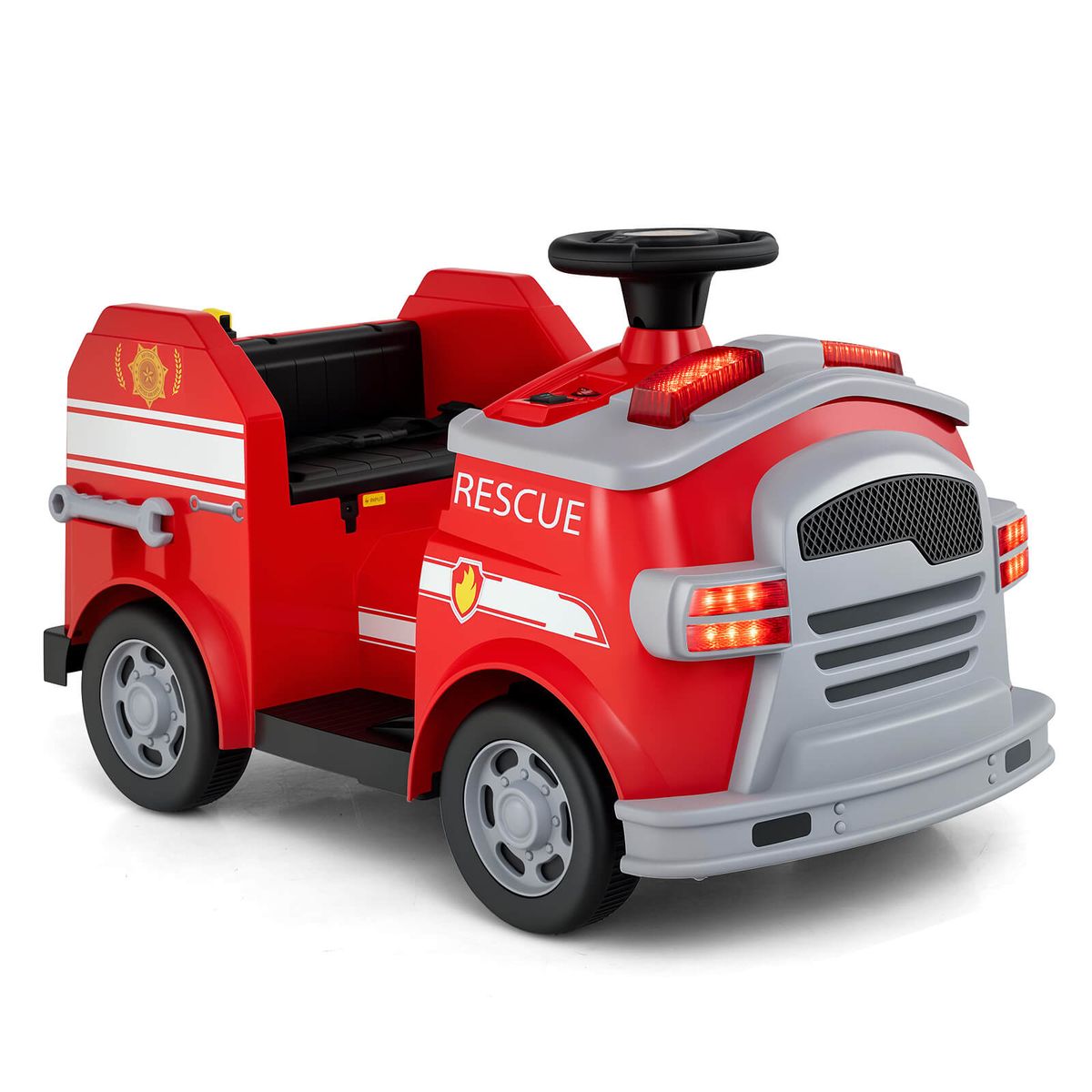 Costway 12V Kids Ride on Fire Truck Toddler Fire Toy Car with Shovel & Wrench - Red
