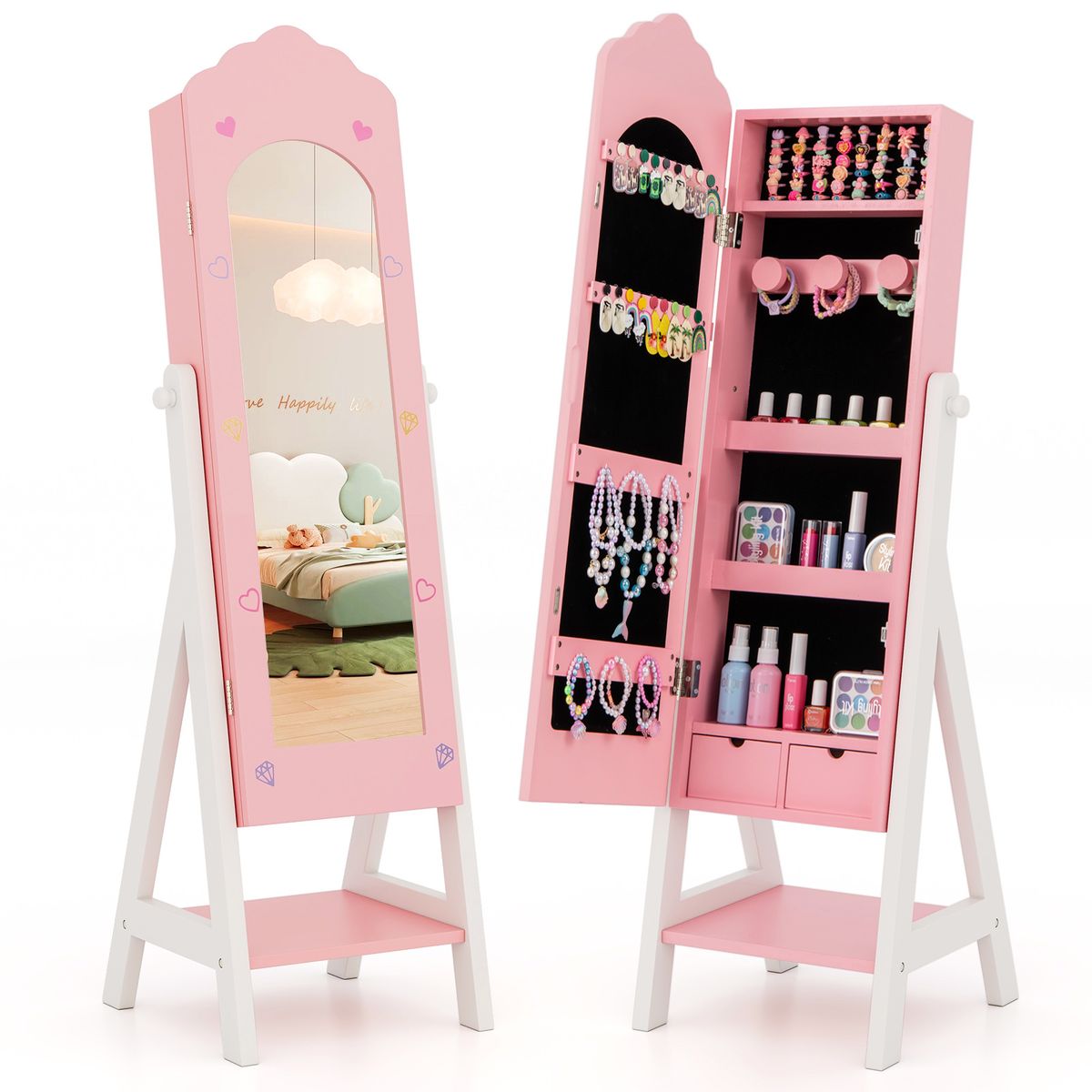 Kids' Freestanding Jewelry Cabinet with Full-Length Mirror - Cabinet Pink