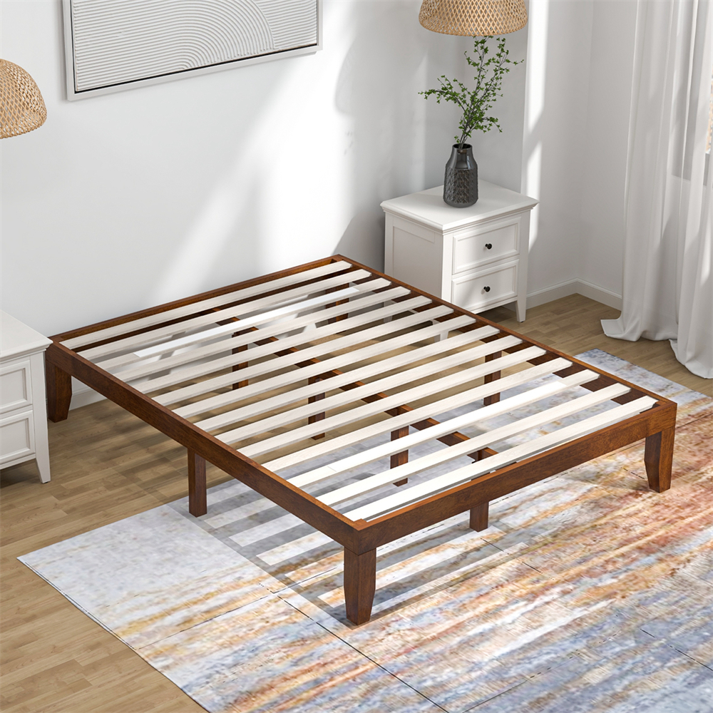 14 in. Wooden Platform Bed Frame (Queen) - Bed Frame-Brown