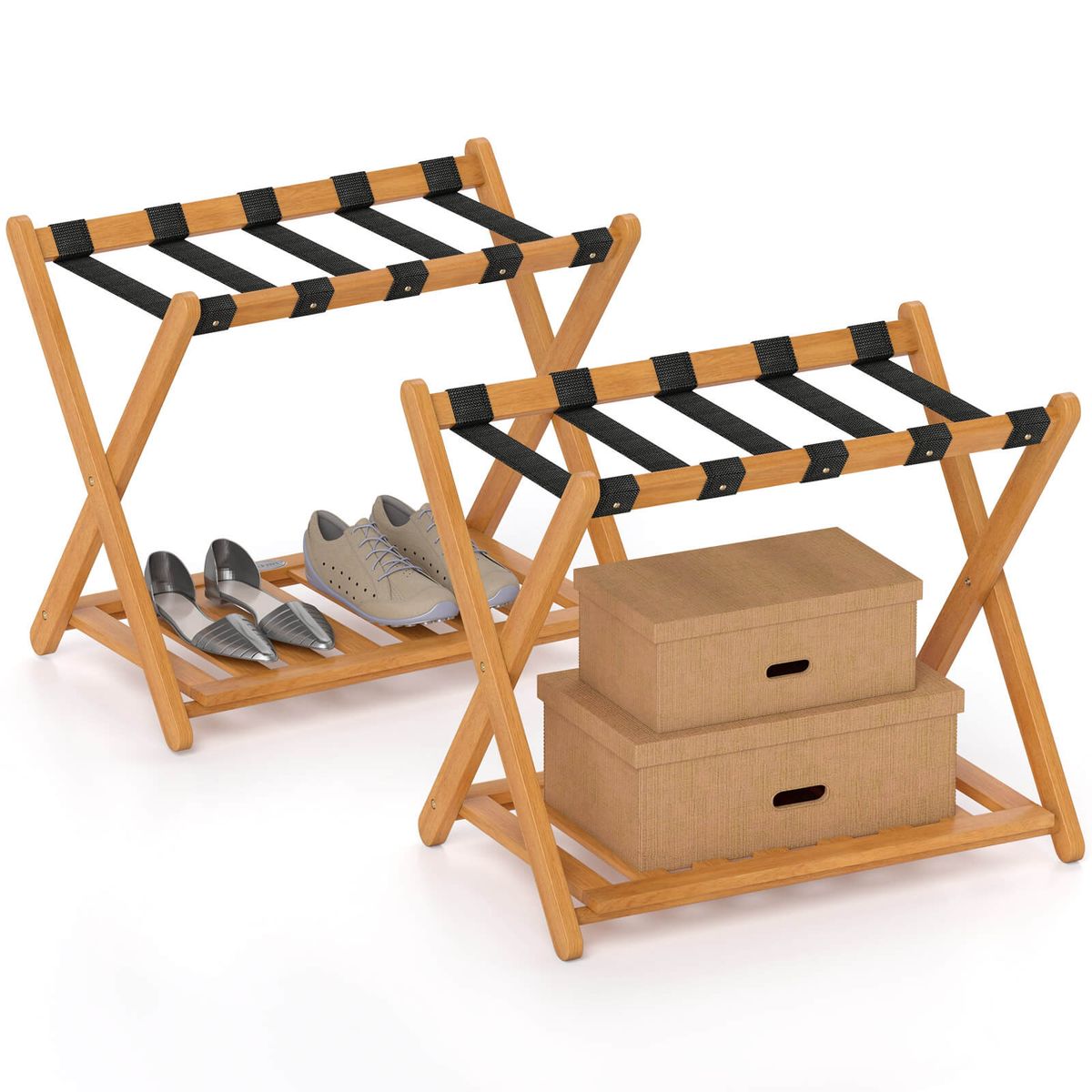 Costway-Folding Luggage Racks Set of 2 with Storage Shelf & 5 Nylon Straps Luggage Holder - Natural