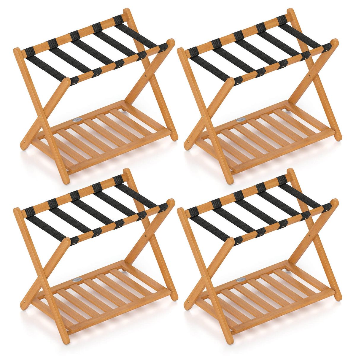Costway Folding Luggage Racks with Storage Shelf & 5 Nylon Straps Luggage Holder - Natural