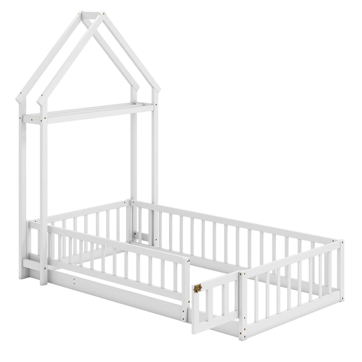 Twin Size Floor Bed with House-Shaped Headboard - White
