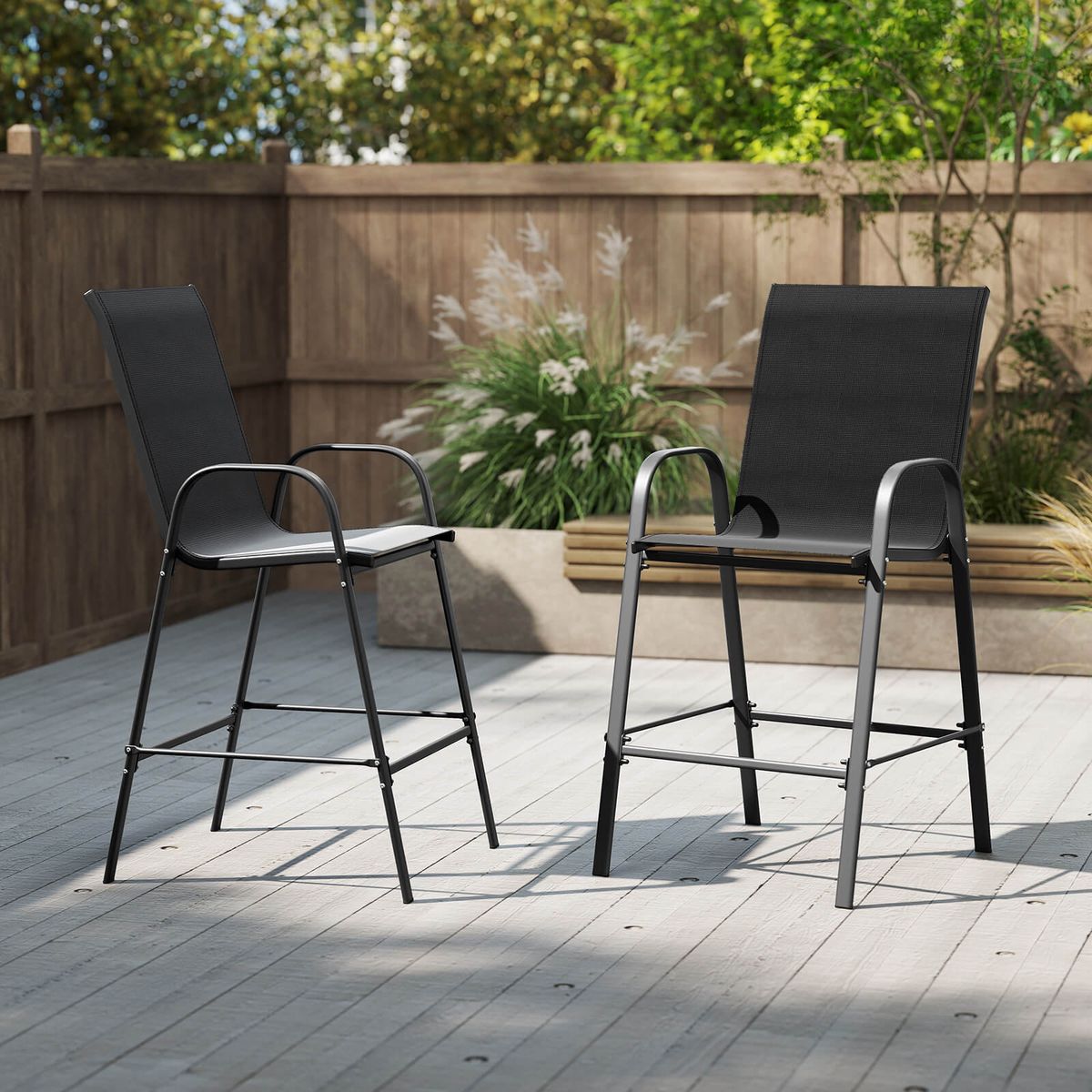 Outdoor Bar Height Stools with Armrests (Set of 2) - Bar Stool-BK