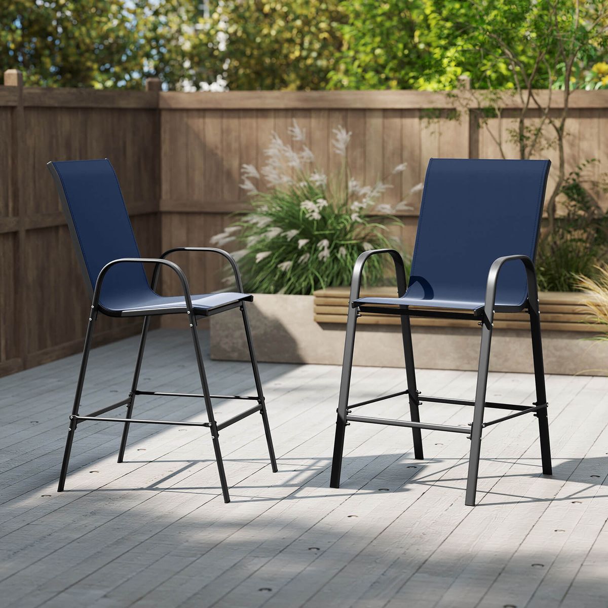 Costway Outdoor Bar Stools Fabric Bar Height Stools with Armrests and Footrest - Navy