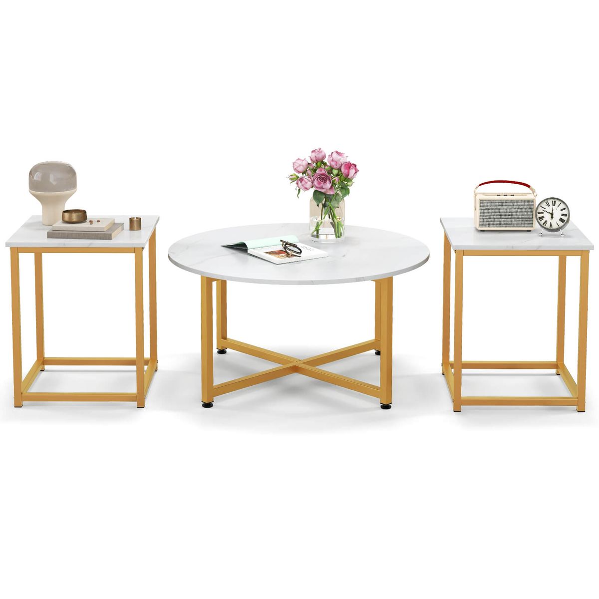 3Piece Round Coffee Table Set with End Tables  Coffee Table SetWhite