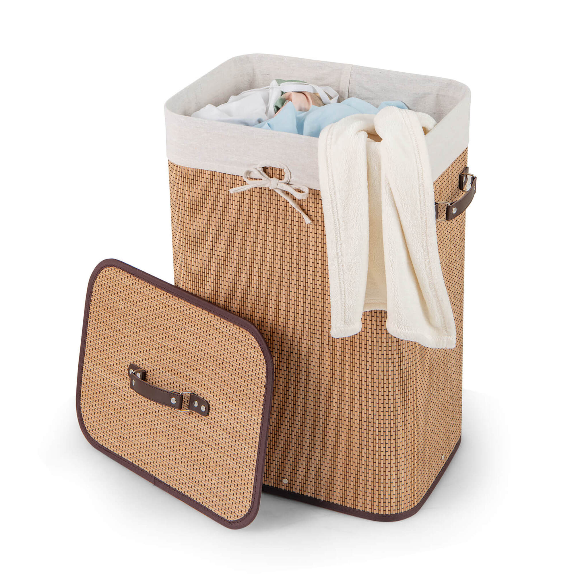 Costway - Goplus Rectangle Bamboo Hamper Laundry Basket Washing Cloth Bin Lid - Natural