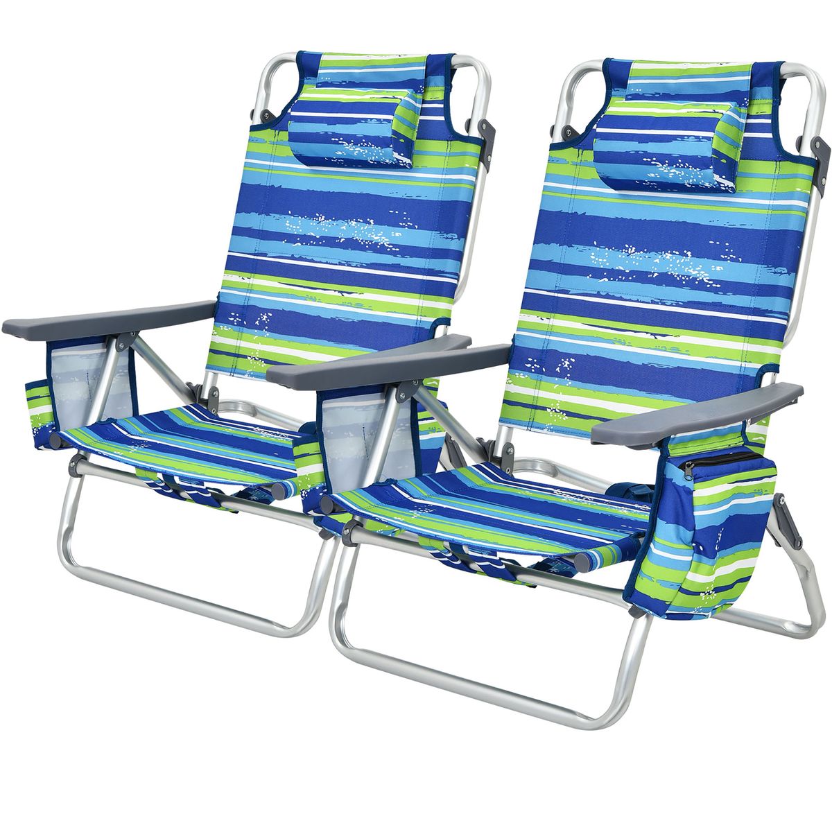 Photos - Garden Furniture Costway Backpack Beach Chairs with 5-Positions  - Blue Stripe NP10019BL (Set of 2)