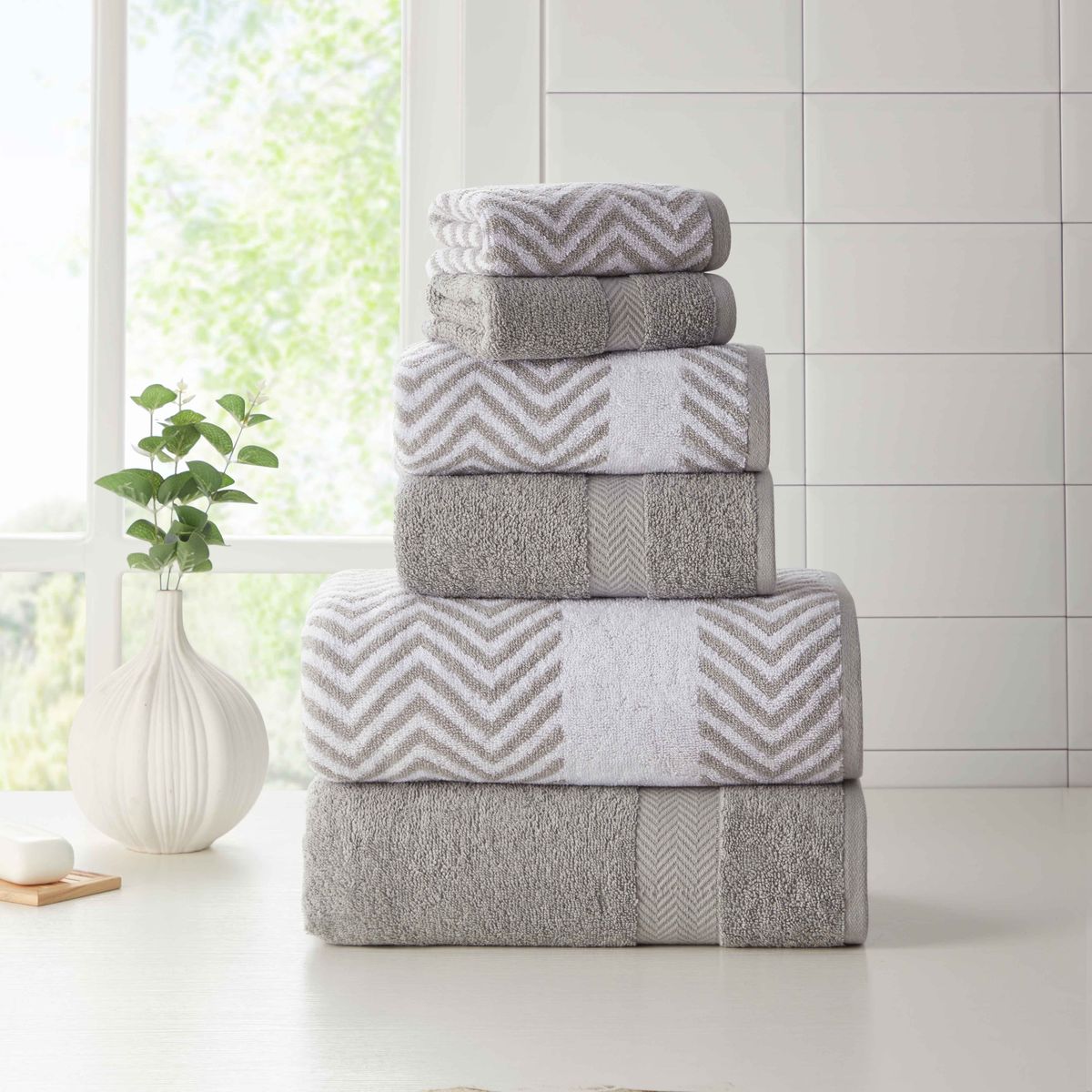 Kathy Ireland 6 Piece Chevron Jacquard Towel Set with LetsDry Silver Cotton 6 Piece Set