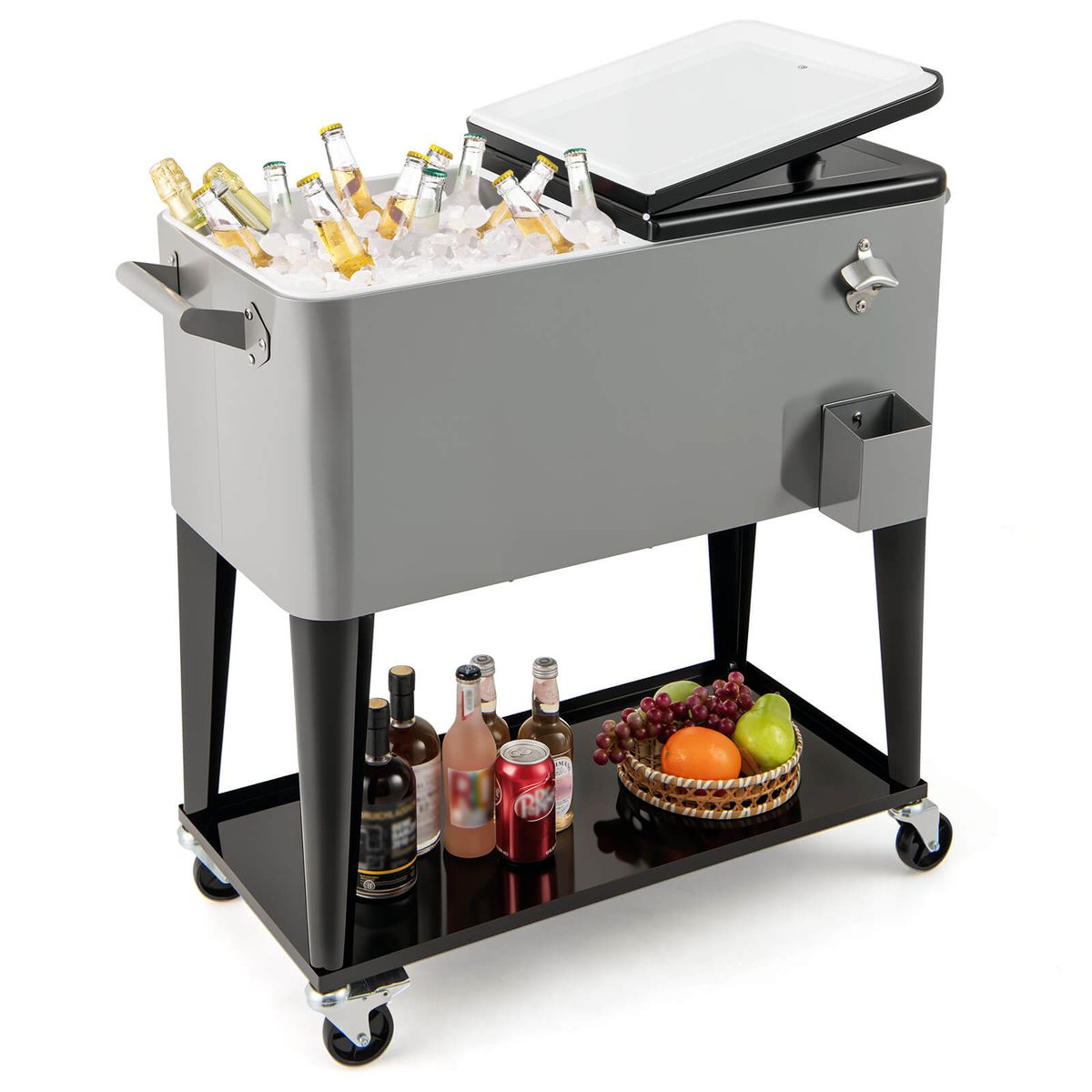 80-Quart Rolling Patio Cooler on Wheels with Side Handles - Gray