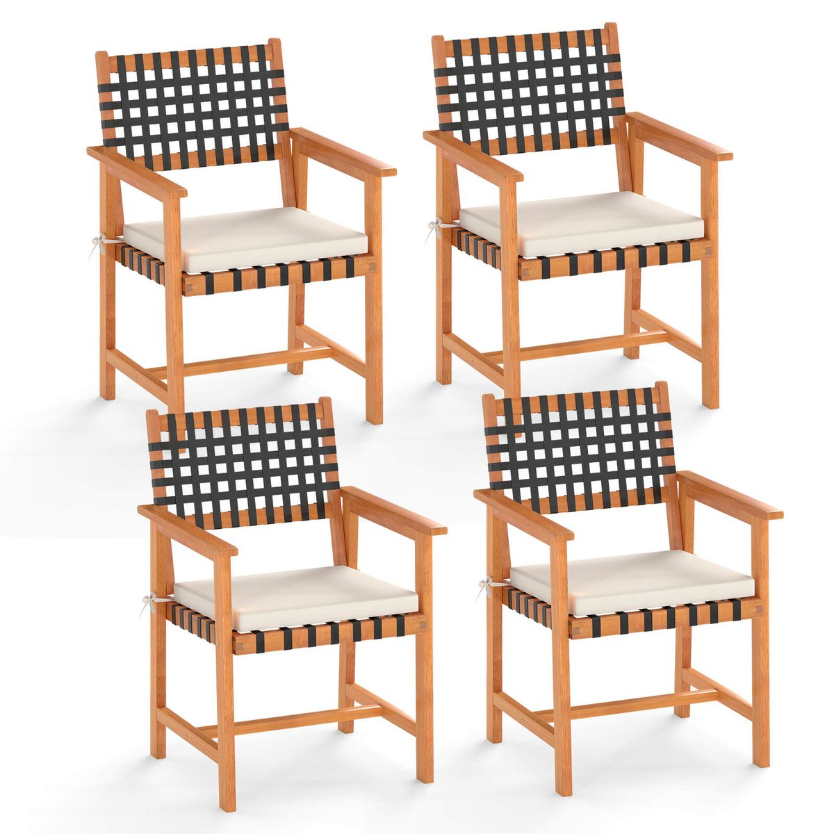 Solid Acacia Wood Patio Chair Set with Padded Seats - 4-Piece