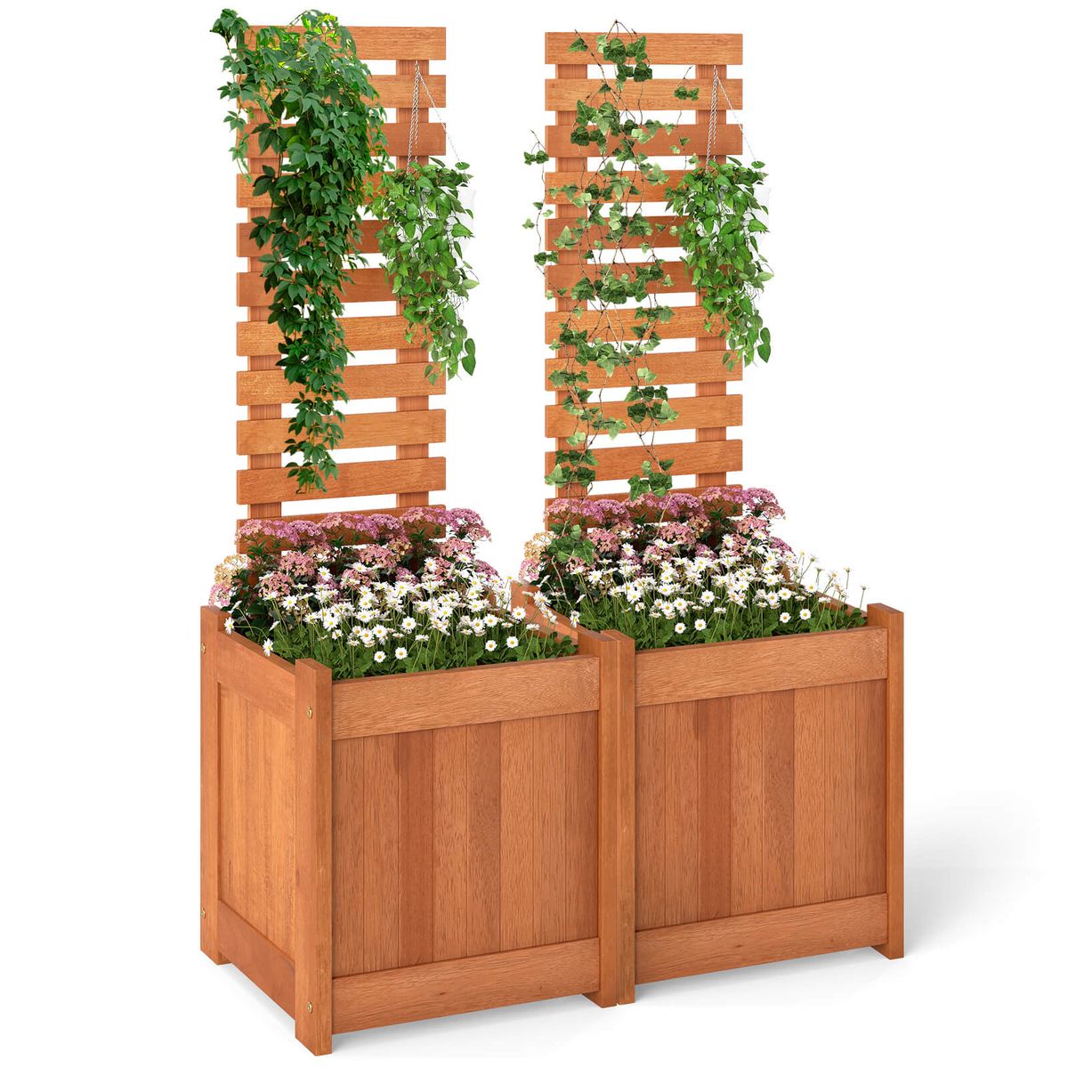 Wooden Raised Garden Bed with Open-Ended Base and Trellis - 2-Piece