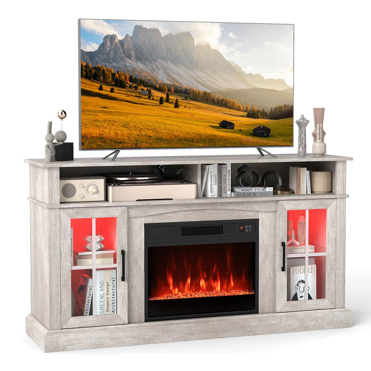58" Fireplace TV Stand with Realistic LED Flames - Gray