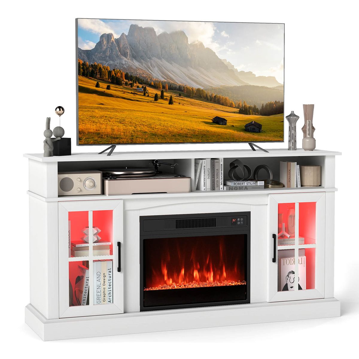 58" Fireplace TV Stand with Realistic LED Flames - White