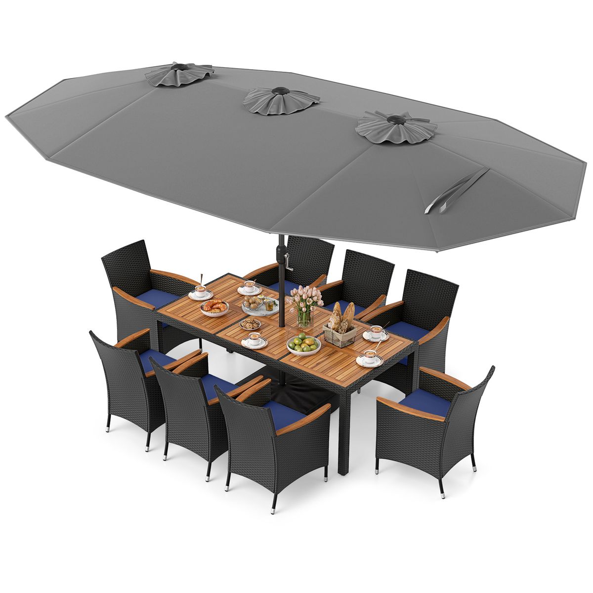 11-Piece Patio Wicker Dining Set with Umbrella - GR+NY Cushion