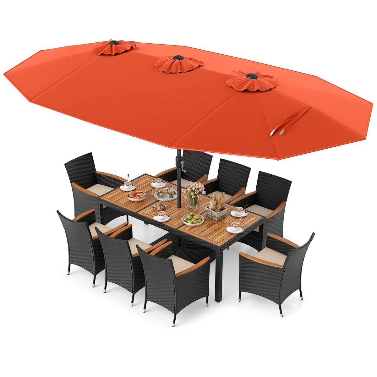 11-Piece Patio Wicker Dining Set with Umbrella - OR+WH Cushion
