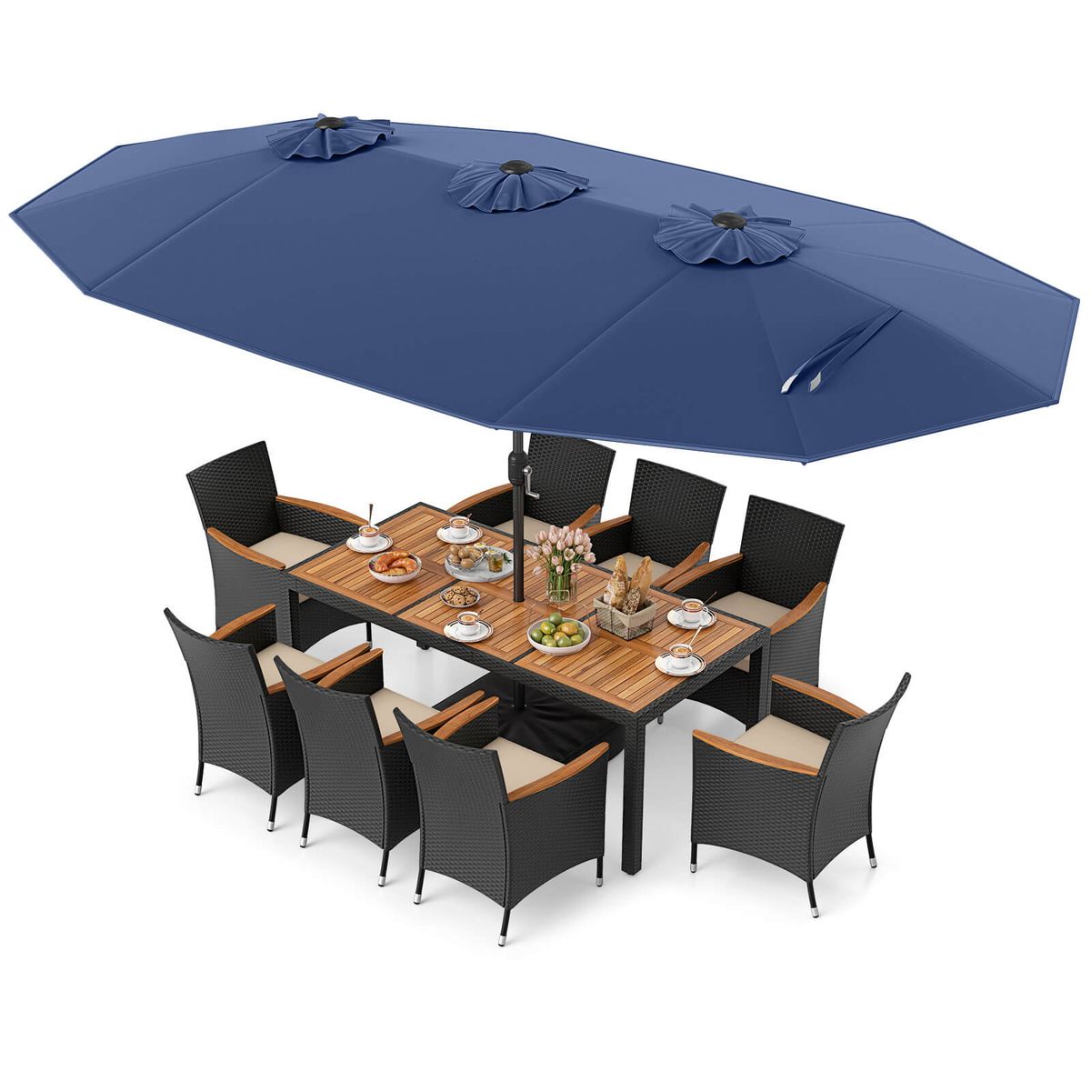 11-Piece Patio Wicker Dining Set with Umbrella - NY+WH Cushion