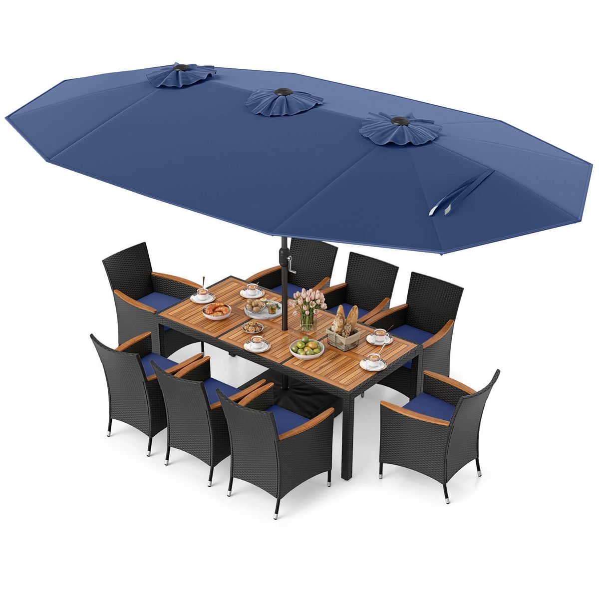 11-Piece Patio Wicker Dining Set with Umbrella - NY+NY Cushion