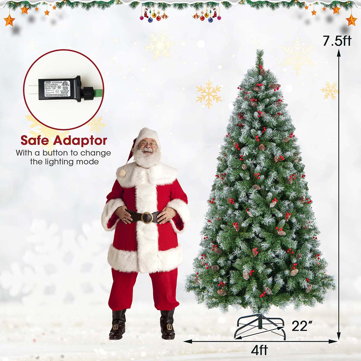 5 to 9-Foot Artificial Pre-Lit Snow-Flocked Christmas Trees with Pine Cones - Costway 7.5 FT Artificial Chri
