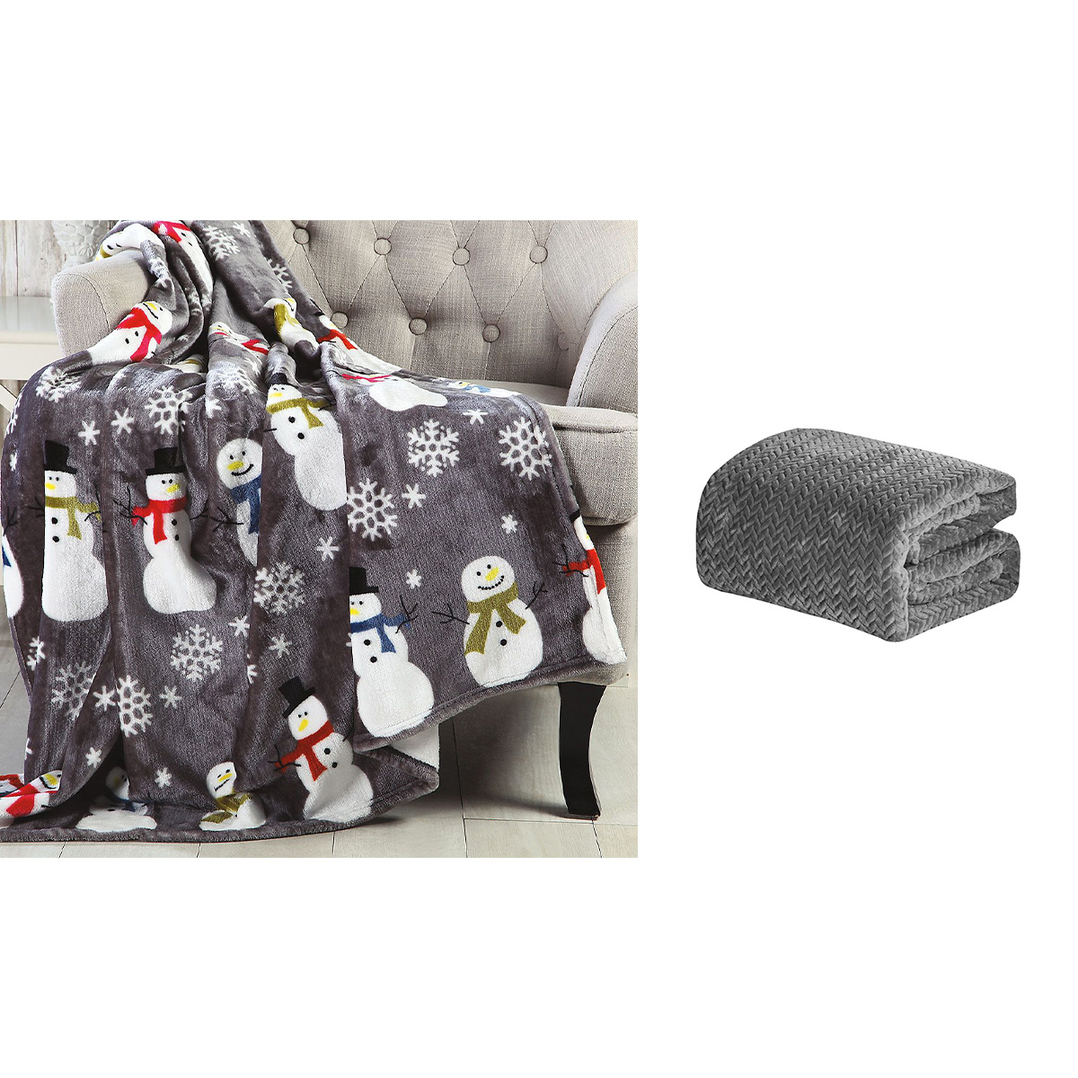 Queen Blanket and Holiday Throw Bundle - QN-CHEVRON-GRAY+GRAY SNOWMAN
