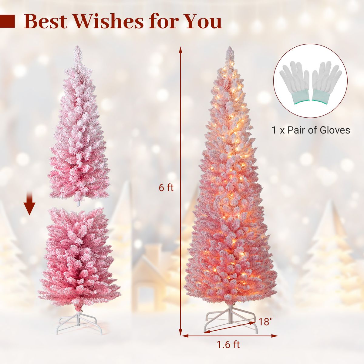 Snow-Flocked Artificial Pink Christmas Tree with LED Lights - 6 FT