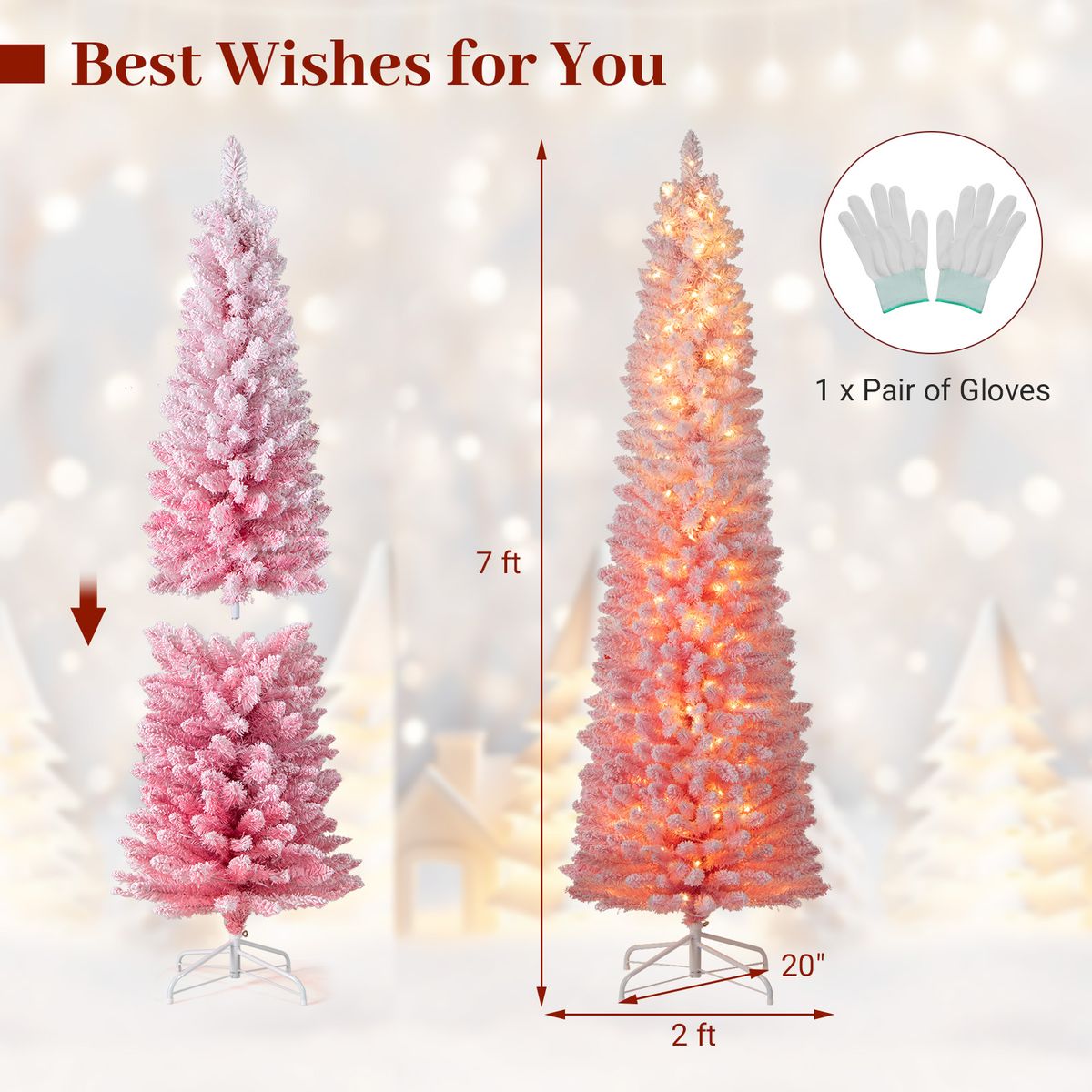 Snow-Flocked Artificial Pink Christmas Tree with LED Lights - 7 FT