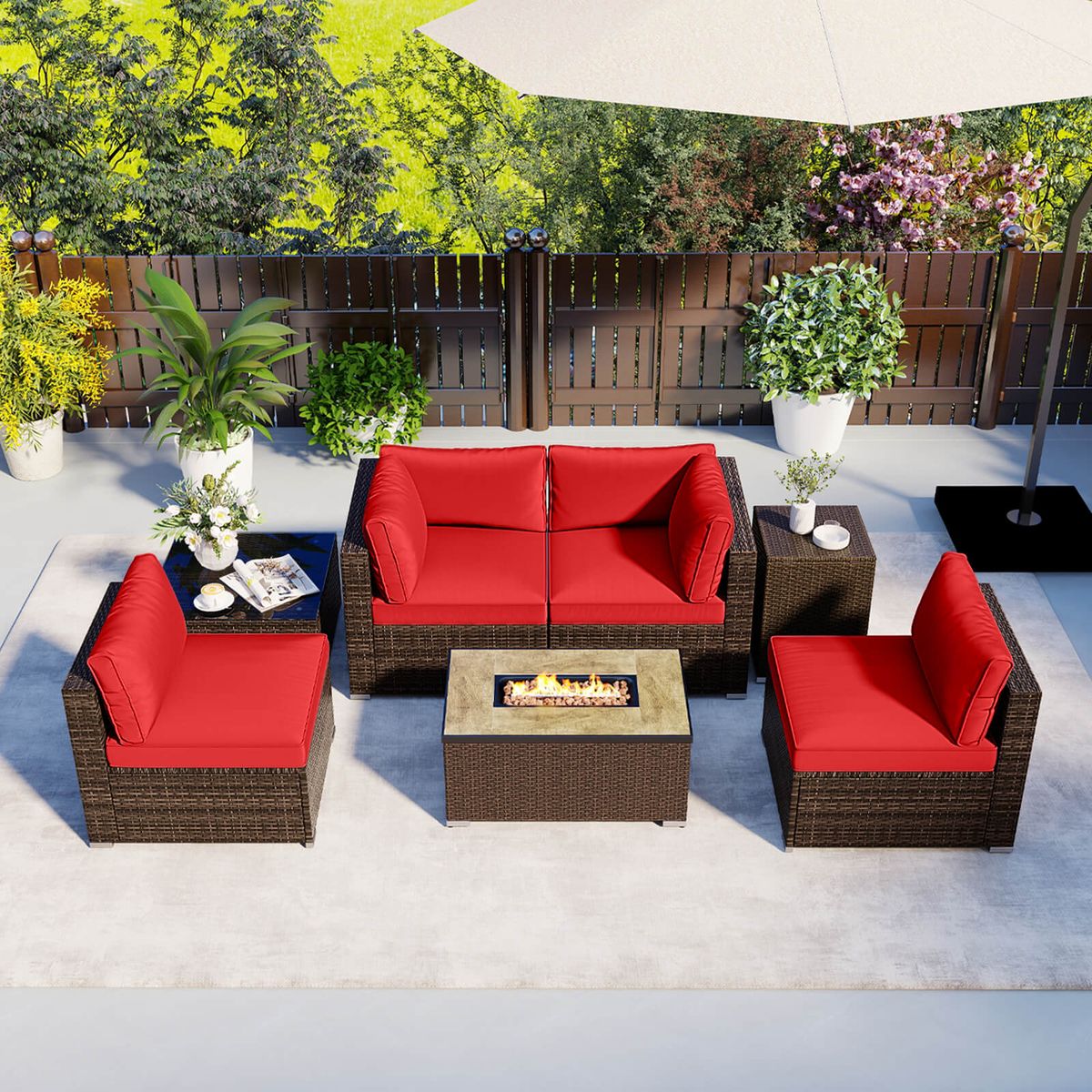 7-Piece Outdoor Furniture Set with 32" Fire Pit Table - Red