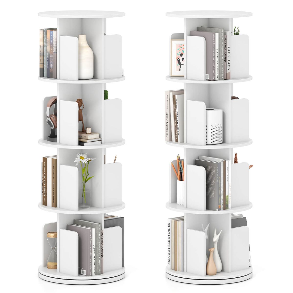 4-Tier Rotating Bookshelf with 360° Display Rack and Dividers - White-2-Piece