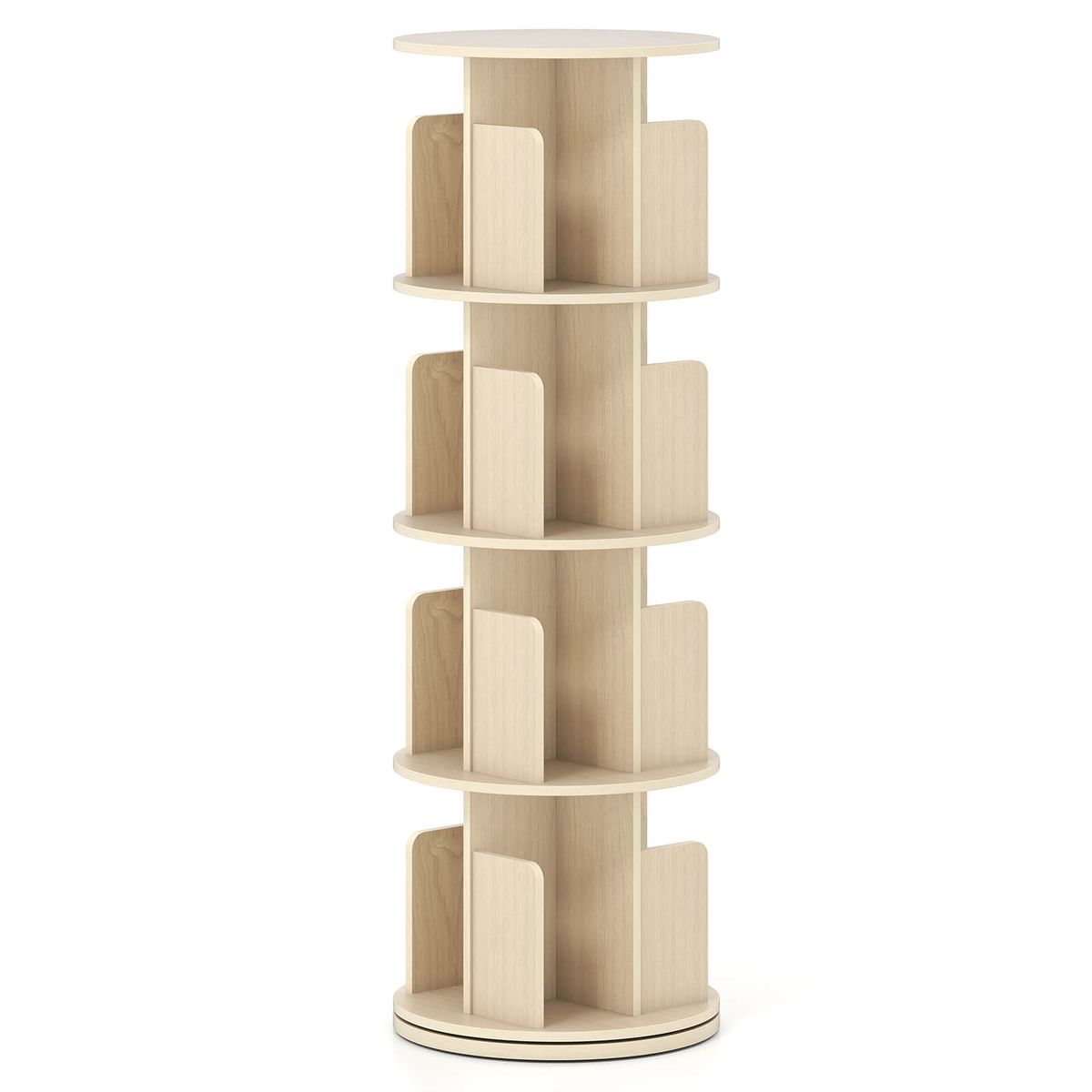 4-Tier Rotating Bookshelf with 360&deg; Display Rack and Dividers - Natural-1-Piece