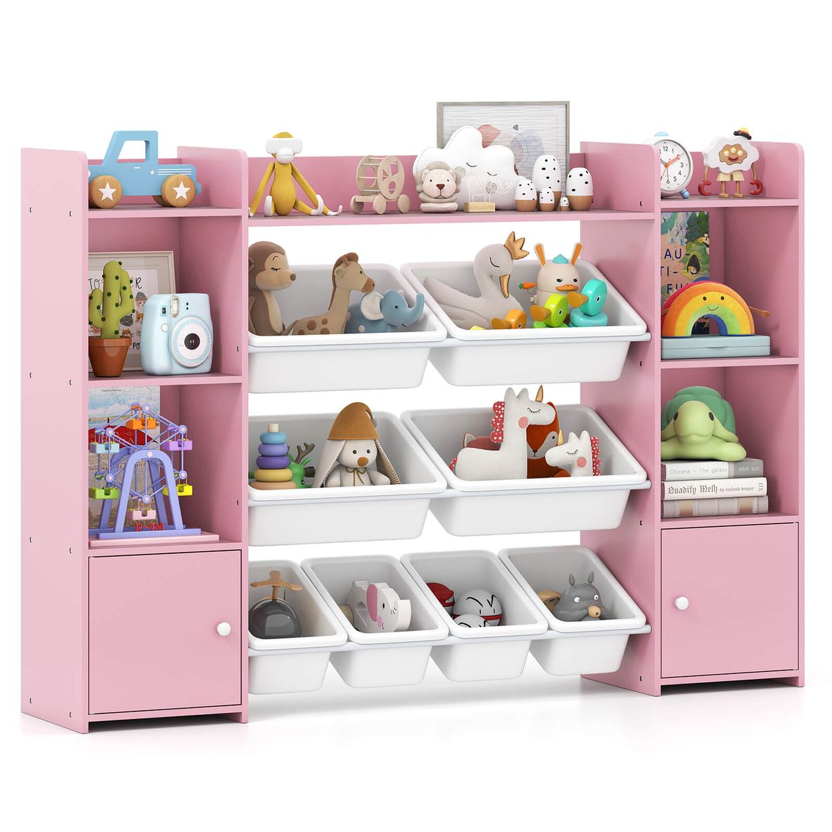 4-Tier Large Storage Cabinet with 6 Cubbies and 8 Removable Bins - Pink