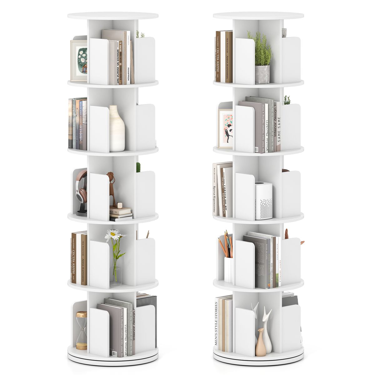5-Tier Rotating Bookshelf with 360&deg; Display Rack - White-2-Piece