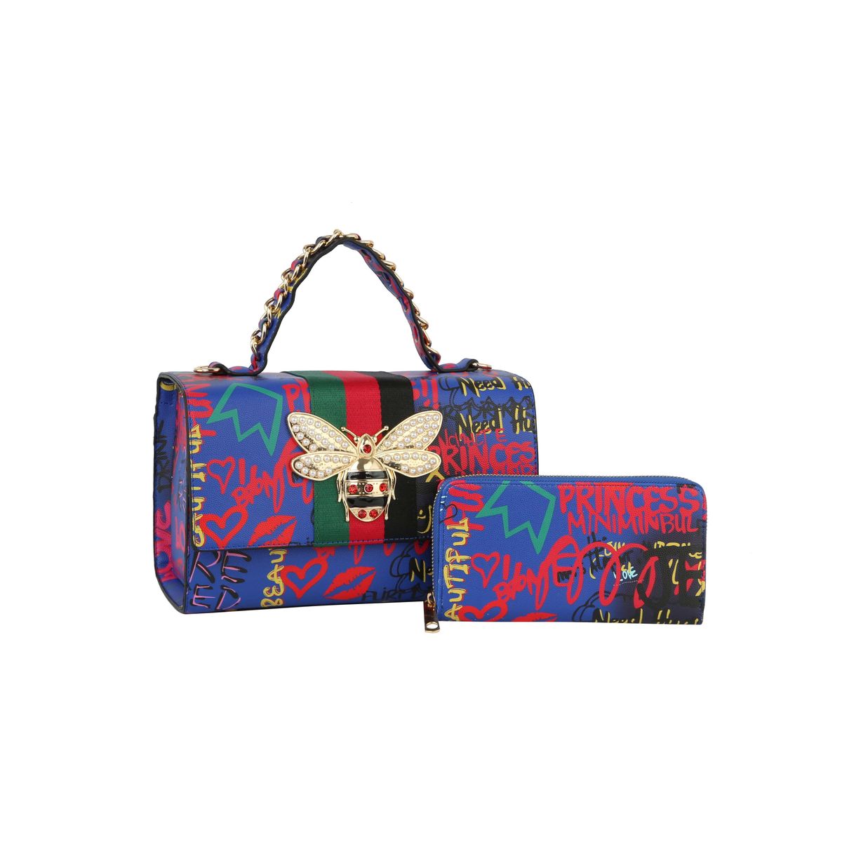 Graffiti Bee Print Satchel & Wallet Set - Blue