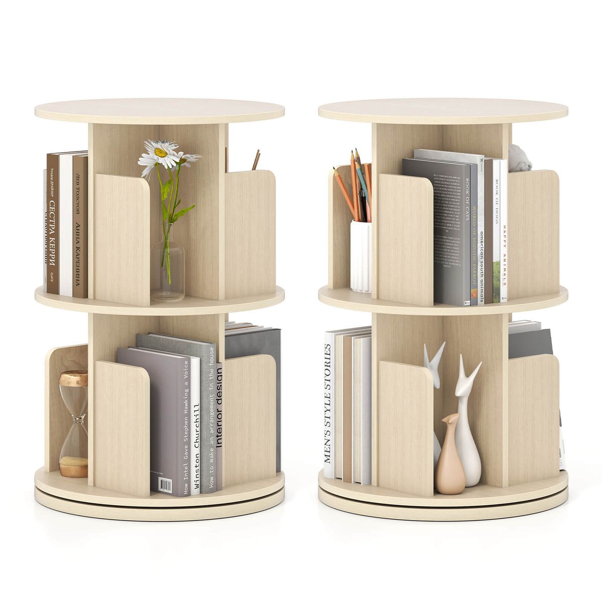 2-Tier Rotating Bookshelf with 360° Swivel - Natural-2-Piece