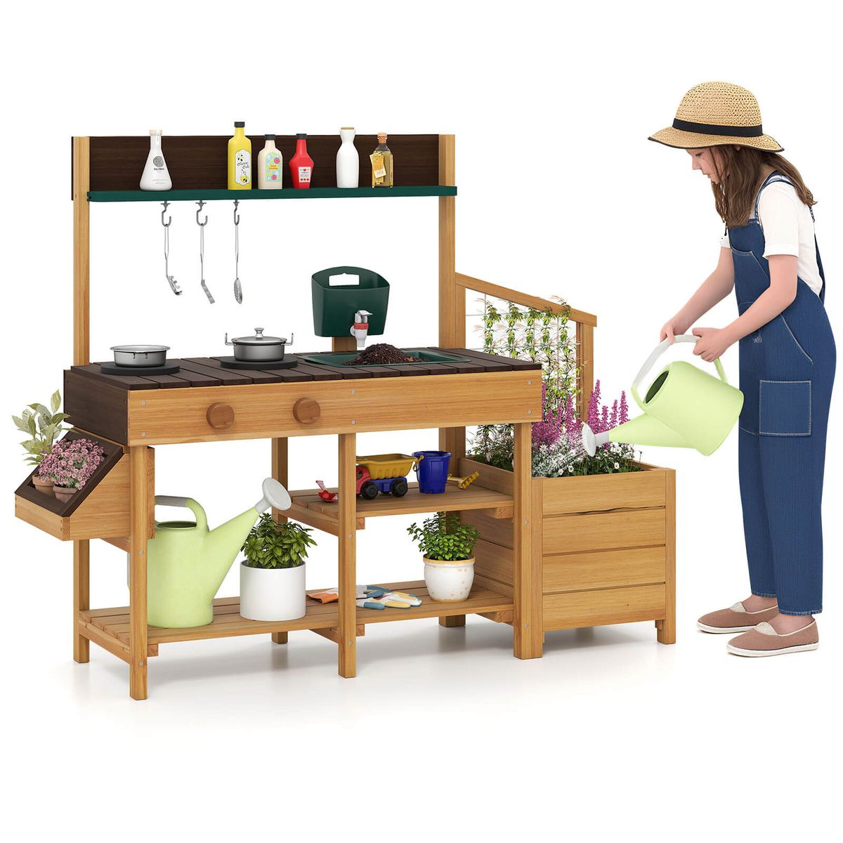 Costway Mud Kitchen Wooden Play Kitchen with Removable Faucet & Sink, Ages 3-8 - Brown