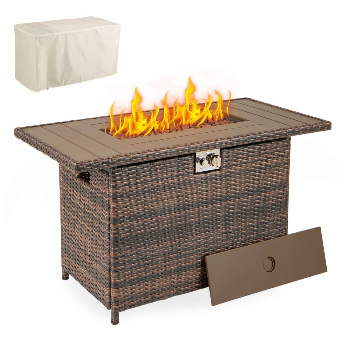 44.5" Propane Fire Pit Table with Metal Slatted Tabletop - Brown