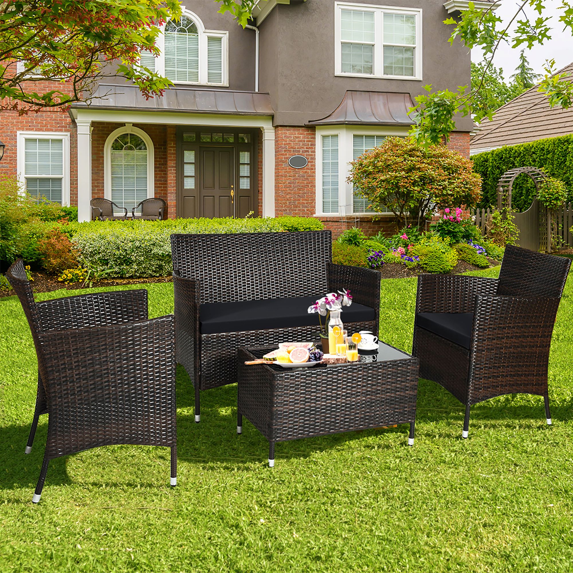 Rattan Outdoor 4-Piece Patio Furniture Set - 4PCS Sofa Set Black