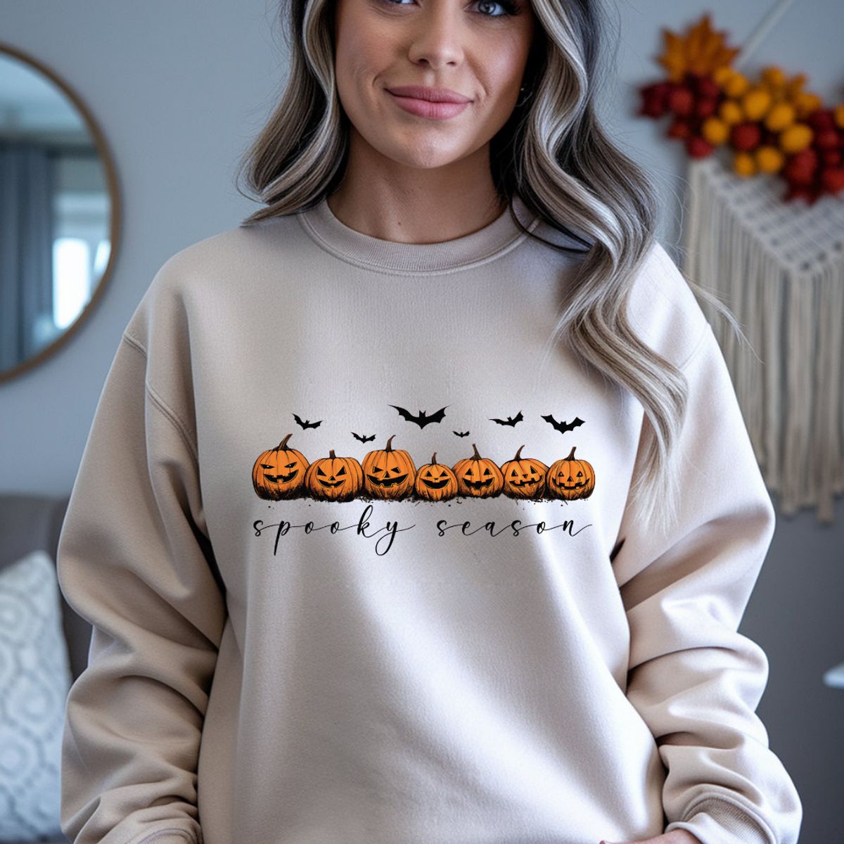 Women's Spooky Jack-O-Lantern Sweatshirt - Sand / XL-image-SKU17587297