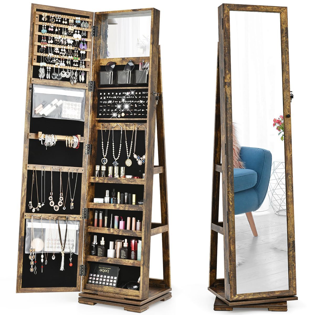 Photos - Wardrobe Costway 2-in-1 Lockable Mirrored 360° Rotating Jewelry Armoire - Coffee HW64483CF-UNTIL 