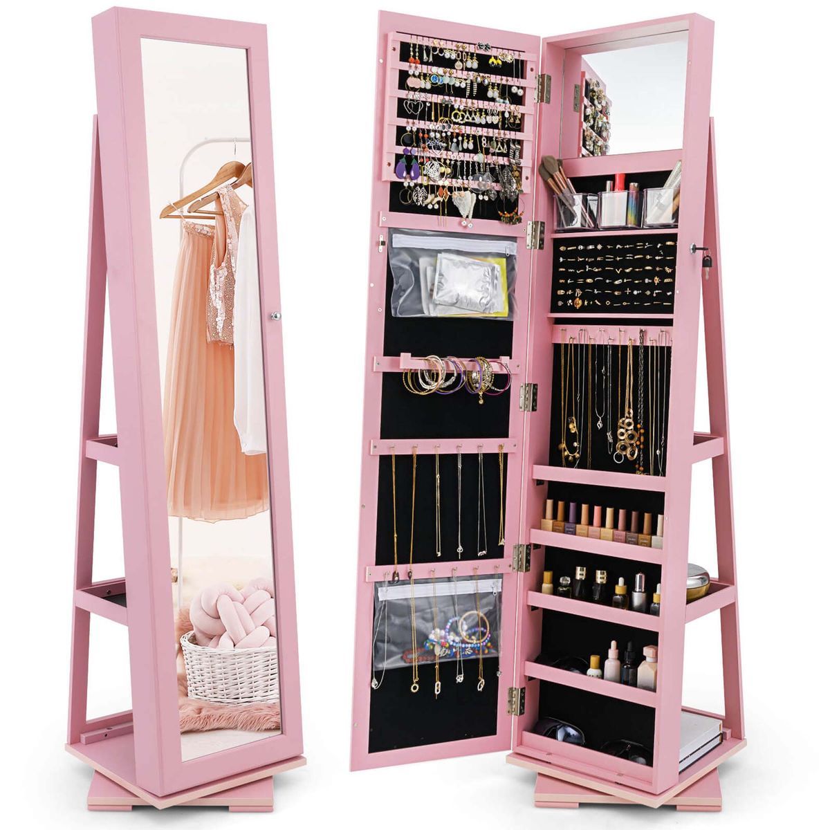 2-in-1 Lockable Mirrored 360° Rotating Jewelry Armoire - Pink